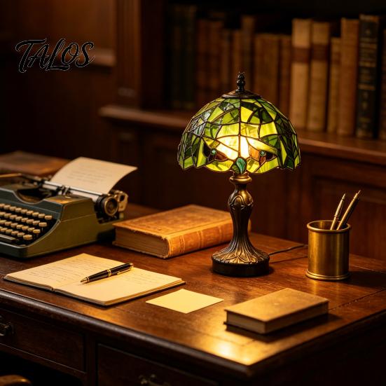 Vintage Banker Lamp for Office Retro Green Stained Glass Desk Lamp, Hand-Carved Resin Base Tiffany Style Decorative Lighting Bar Table Light