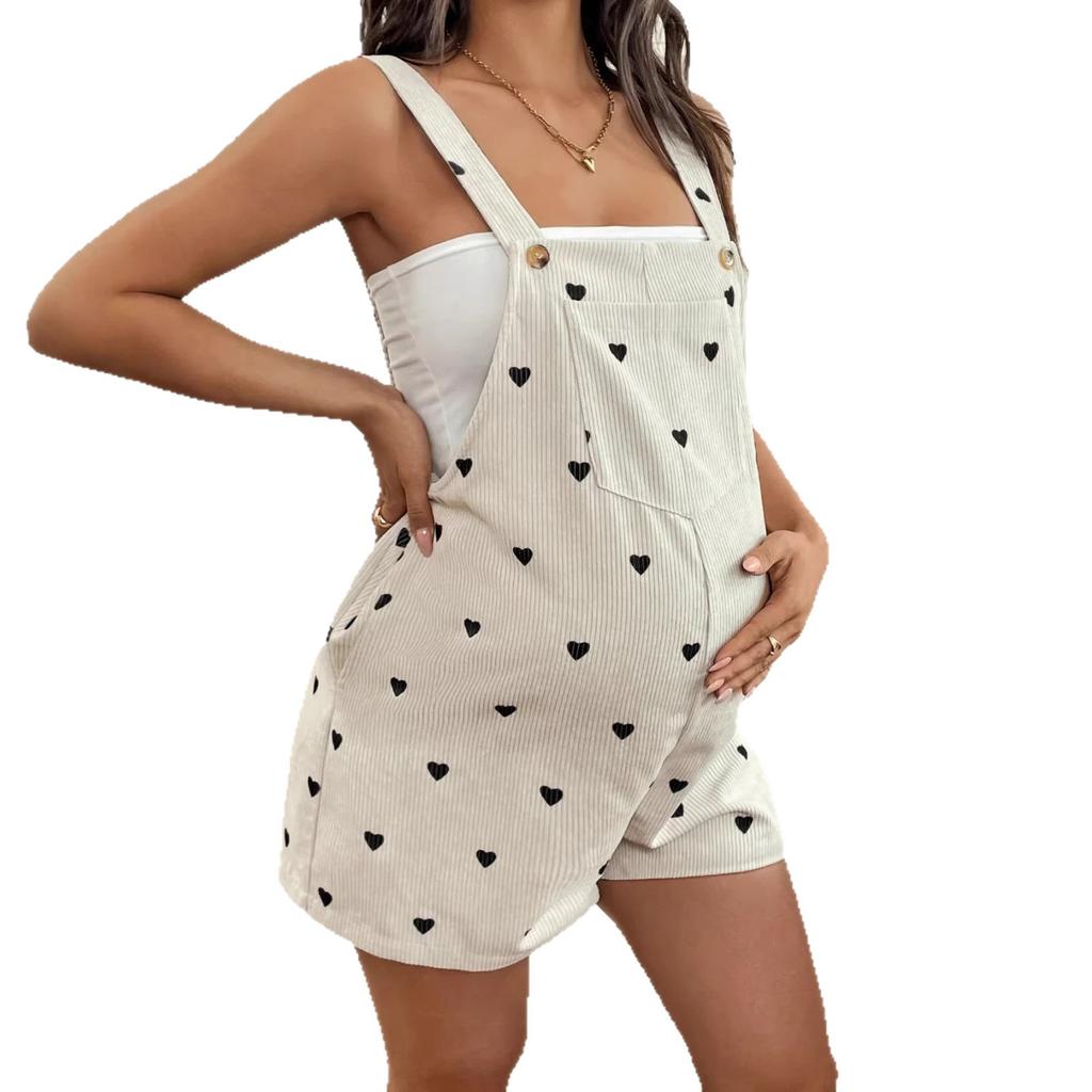 Maternity Pregnant Women Overalls Heart Floral Print Adjustable Waist Shortalls Rompers Spring Summer Casual Pregnancy Clothing
