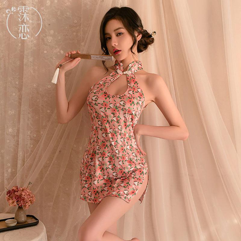 Sex underwear retro stand-up collar high-end cheongsam sexy uniform nightclub tight sleeveless hip-wrapped printing