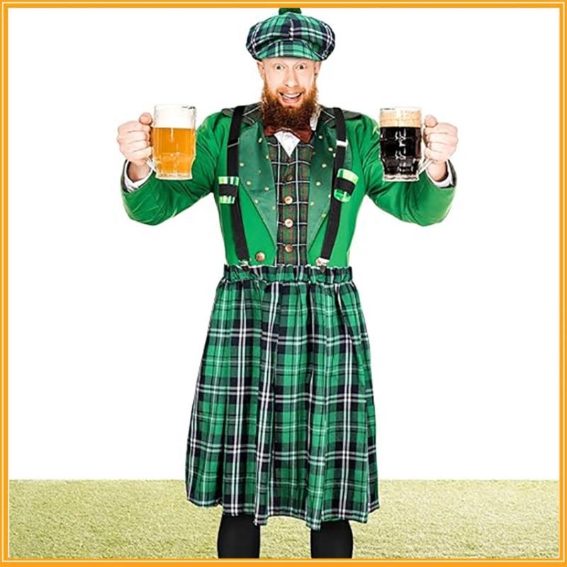 Patrick's Day Bartender Costume Irish Festival Outfits for Adult with Hat Skirt Men Brace Suspenders Stocking for Men