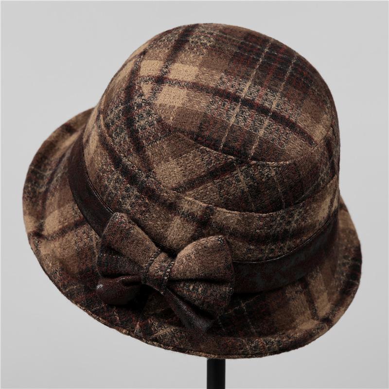 Mid-autumn Winter Hat Ladies Warm Thickened Woolen Basin Hat Plaid Bucket Hat