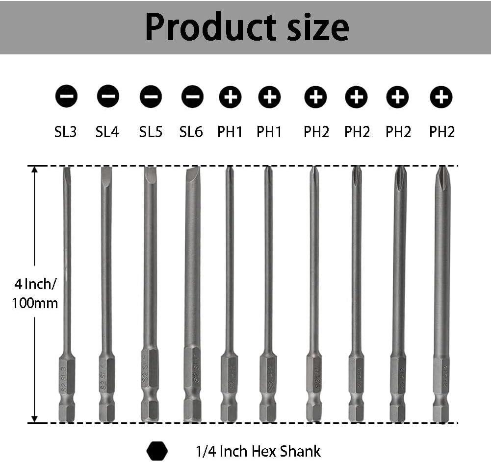 10Pcs 1/4" Hex Shank Screwdriver Bit Set Flat Slotted Cross Head Drive Bits S2 Steel Magnetic Screwdriver Bit for Power Screwdri