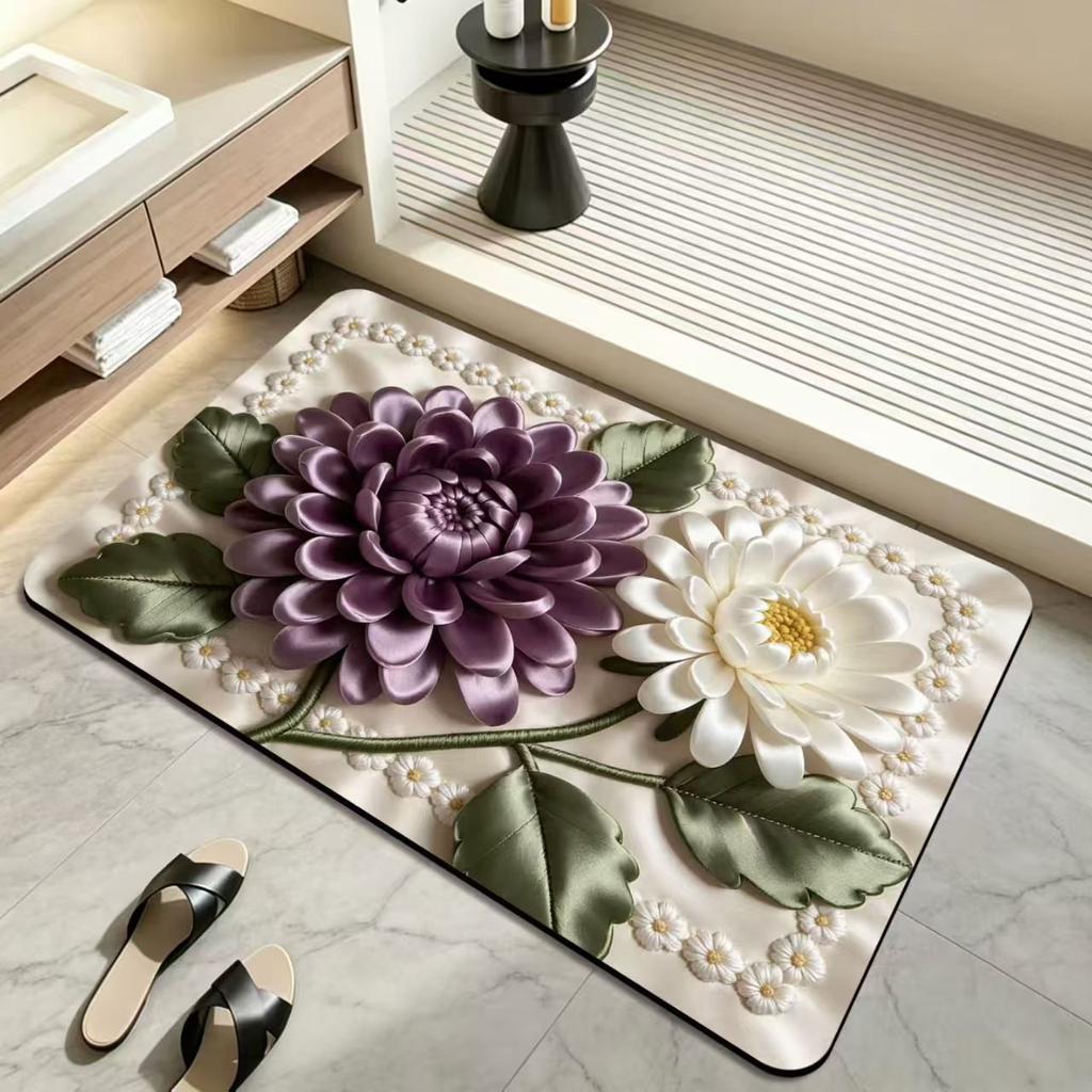 3D Flower Visual Diatom Mud Floor Mat, Household Bathroom Floor Mat, Quick-Drying Water Absorbing Foot Mat, Easy-to-Clean Bath Mat