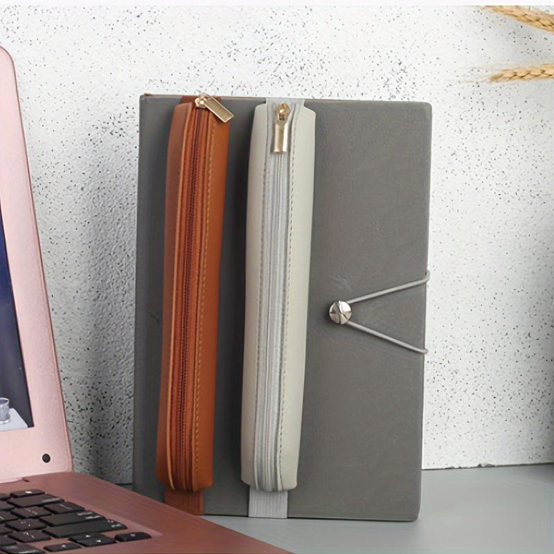 1pc Faux Leather Pen Case with Zipper Portable Elastic Sleeve for Notebooks, Irregular Shape, Daily Office Supplies