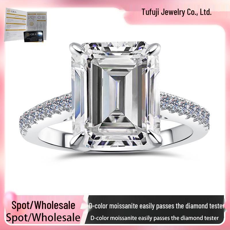 European Style Women's Moissanite 5-Carat Emerald Cut Ring, 925 Sterling Silver