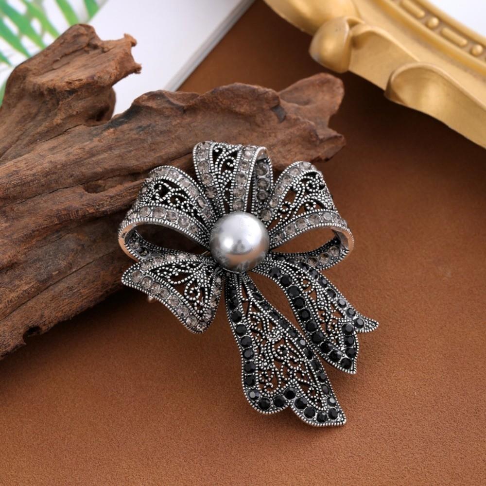 French Style Bow Brooch Vintage Black Brooch Exquisite Fully-rhinestone Pin Western-style Clothes