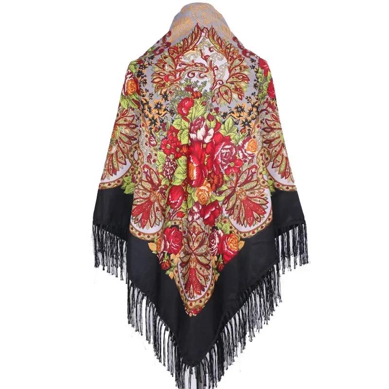 160*160Cm Ethnic Large Square Scarf For Woman Shawls Tassel Floral Print Headscarf Turban Wraps Russian Babushka Bandana Blanket