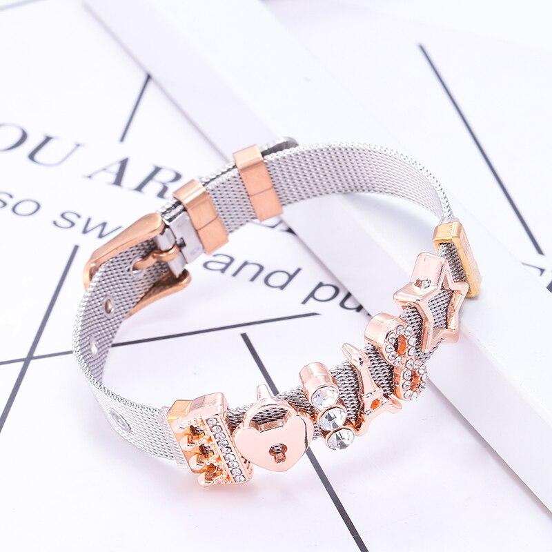 Wysokiej Jakości Bransoletka Siatkowa ze Stali Nierdzewnej w Kolorze Różowego Złota Charmsy Love Lock Delikatna Bransoletka Europejskie Akcesoria do Zegarka Damskiego