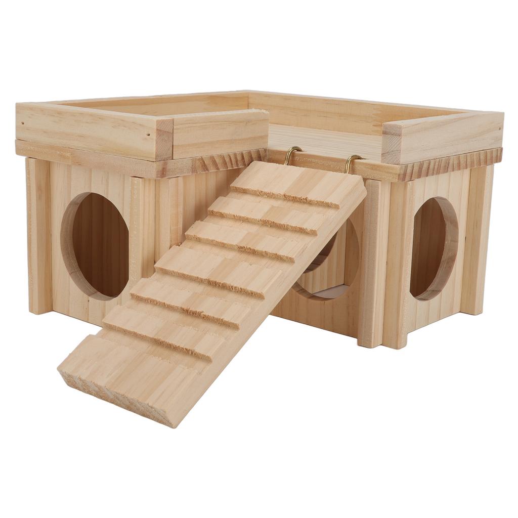 Hamster House Multi Rooms Wooden Hideout Tunnel Toy Small Pet Hut with Ladder for Golden Bear