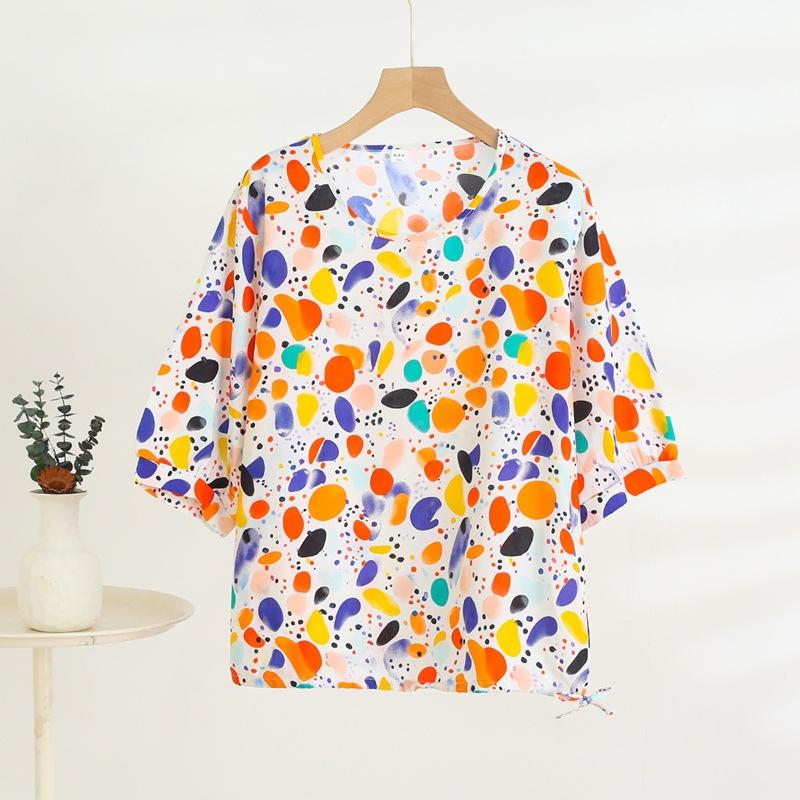 Mid-sleeved T-shirt, Sweet Floral Print, Stylish Drawstring Top, Summer Thin Plus-size Pullover