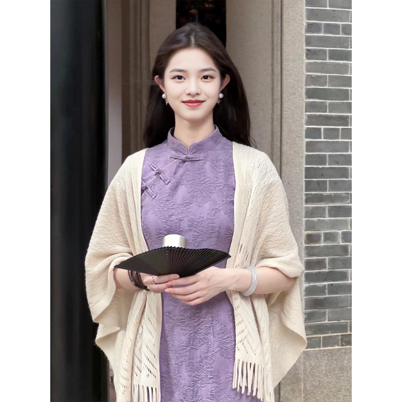 Wen Ci Purple Jacquard Qipao Dress - Women's 2025 Retro Style, Waist-Cinching Long Dress for Spring/Summer.