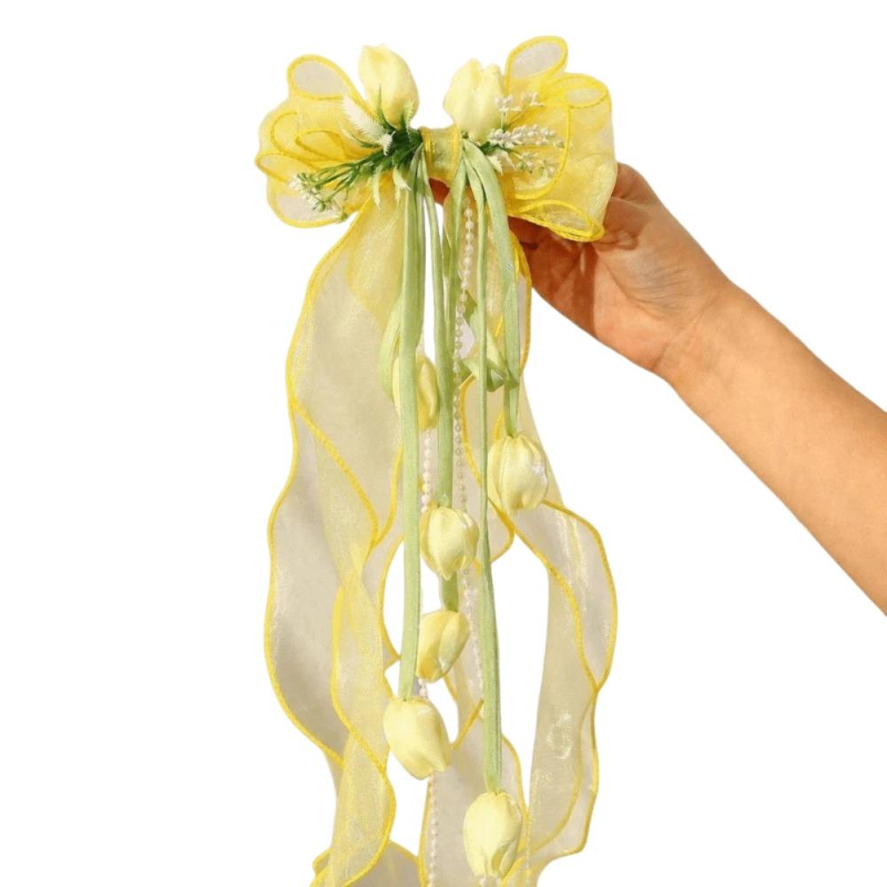 Long Ribbon Lace Bow Duckbill Clip Sweet Girls Floral Hairpins Fairy Flower Hair Clip Party