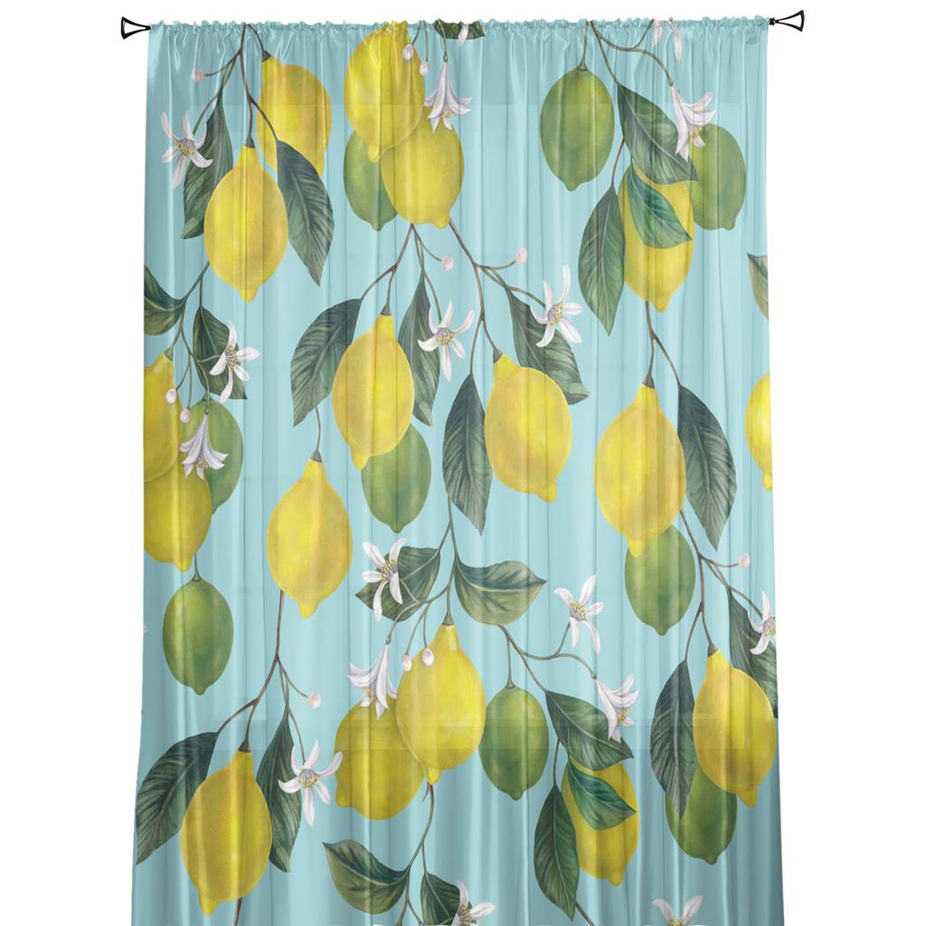 Yellow Lemon Green Leaf Fruit Tulle Sheer Window Curtains for Living Room Kitchen Children Bedroom Voile Hanging Curtain