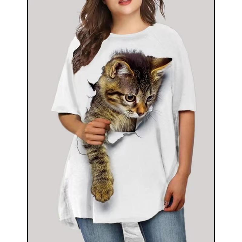 Camisetas da moda para mulheres, tops grandes, estampa 3D, gato, gráfico, solto, streetwear, gola redonda, mangas curtas, camisas femininas, camisetas
