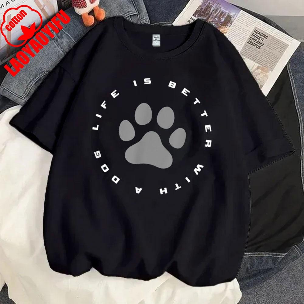 Dog Paw Print T-Shirt Summer Breathable Camisetas Nostalgia Retro Street Fashion Tops Fit Sweatshirt for Daily Wear