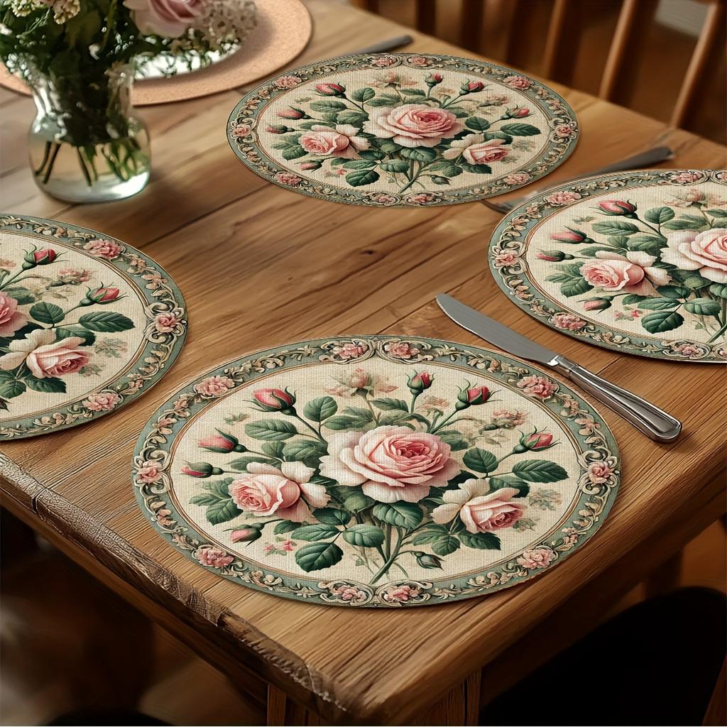 4pcs Vintage Floral Round Placemats Machine Washable Pink Rose And Green Leaf Pattern Placemats Elegant Table Decor