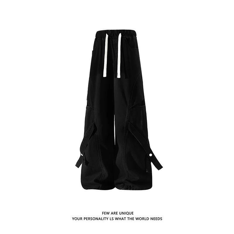 2026 Весна Мужские Ретро Стиранные Джинсы Мужские Хай-стрит Свободные Широкие Брюки Мужские Ретро Потертые Рабочие Джинсы Мужские Брюки XL чёрный