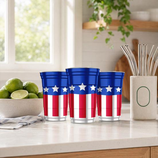 Hliníkový pohár k 250. výročí USA, Znovupoužitelný vlastenecký pivní hrnek, Červeno-bílo-modrý párty pohár pro 4. července, Pro kempování, piknik, grilování