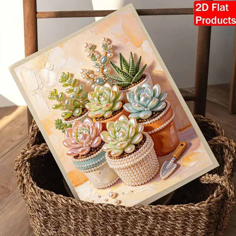 DIY Pearl Painting Canvas Succulents Design Shiny 3D Bead Art Kit Creative Leisure Craft for Living Room Wall Decor