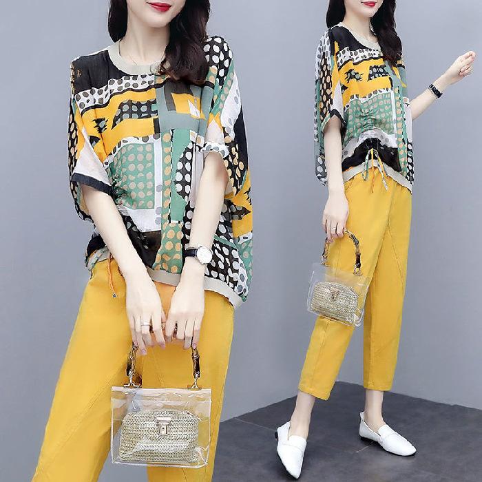 Женский костюм с принтом - Сезонный повседневный модный стильный свободный крой стройнящий двухпредметный женский костюм M