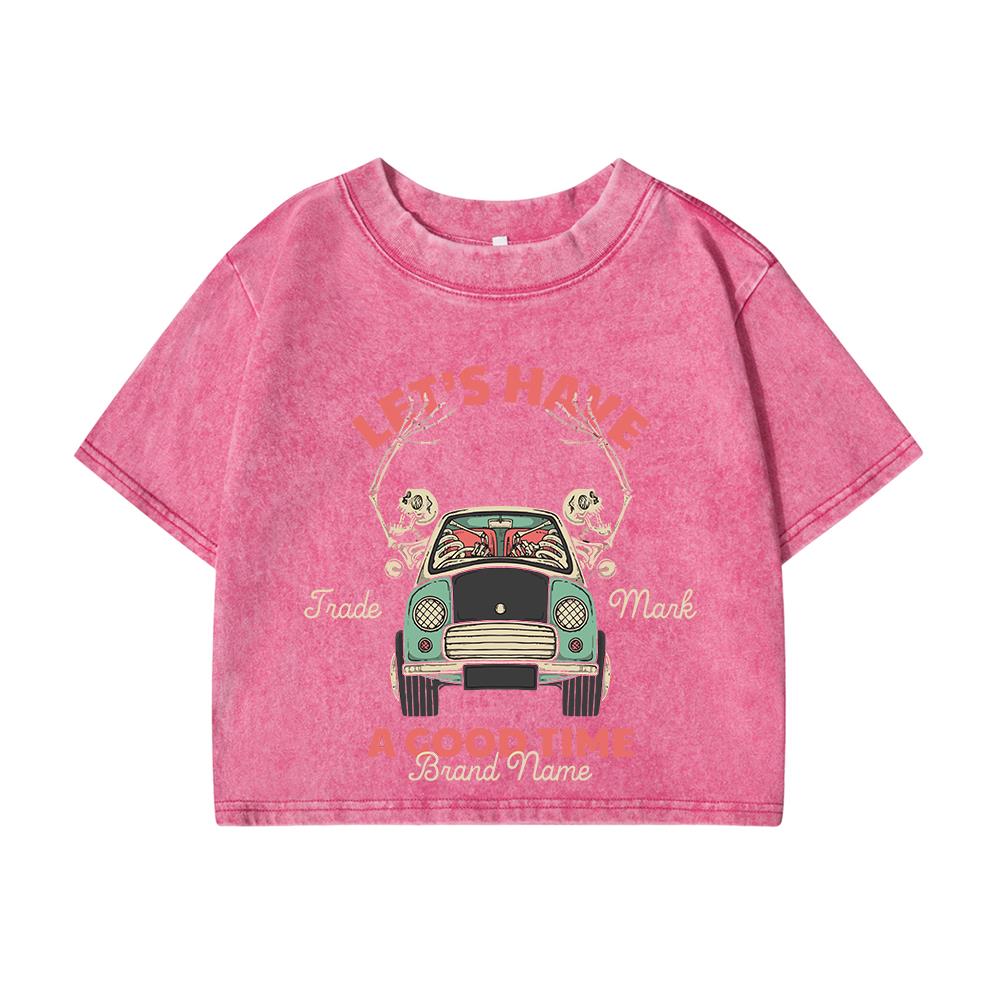 Woman Cotton Crop Tees Summer Distressed O-Neck Washed T-Shirts Skeleton Friends Take A Ride Together Prints Tops Clothes