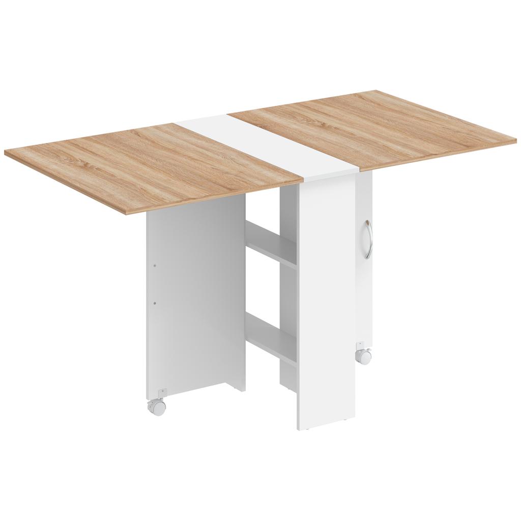 Folding Dining Table, Drop Leaf Table with 2-Tier Shelves, Rolling Casters, White and Natural