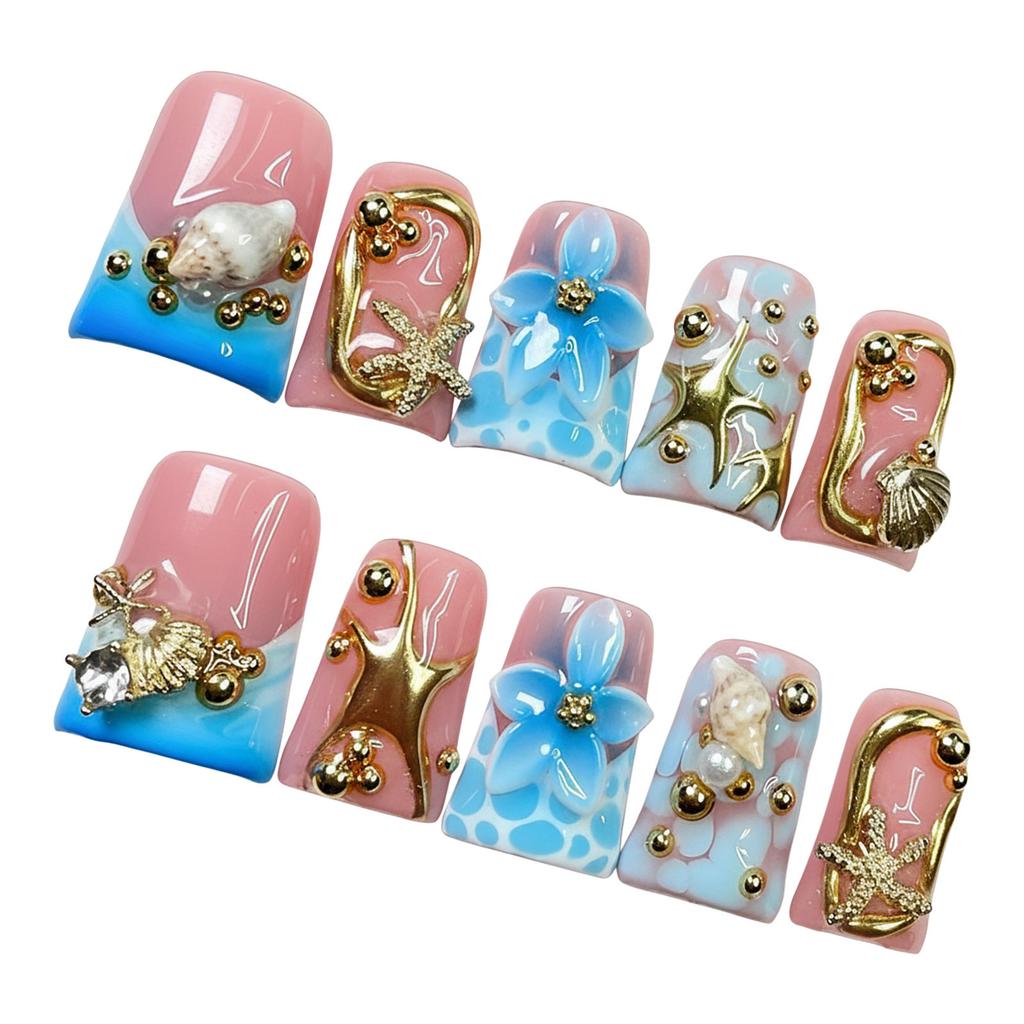 10Pcs False Nails Dream Ocean Style Metal Embossed Resin Material Waterproof Design for Women Manicure