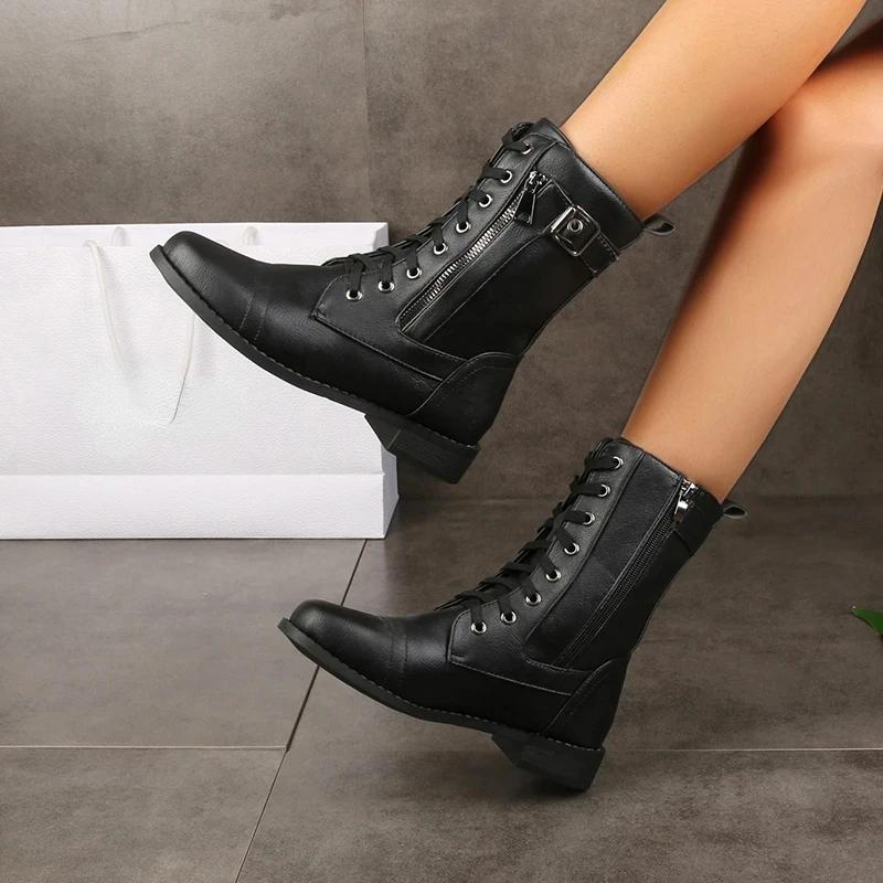 Neue Übergröße Retro Damen Westernstiefel Punk Schnürung Schnalle Motorradstiefel Reißverschluss Mid-Calf Stiefel Damen Kurz