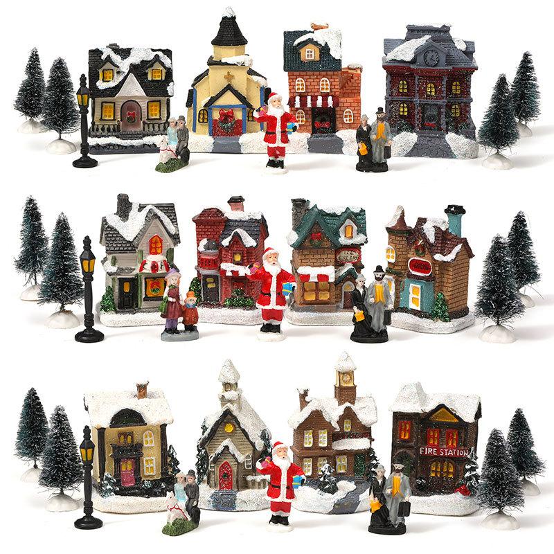 Christmas Glow Little House Set Resin Christmas Scene with Christmas Gift Ornaments
