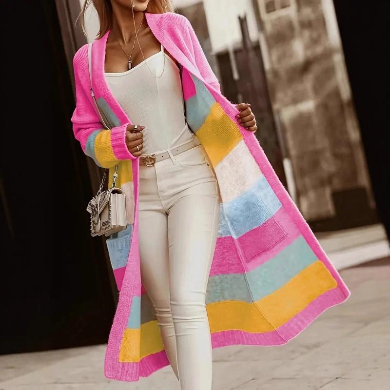 Contrast Color Rainbow Stripes 2025 Autumn and Winter Women's Sweater Jacket Casual Loose Long Knitted Cardigan