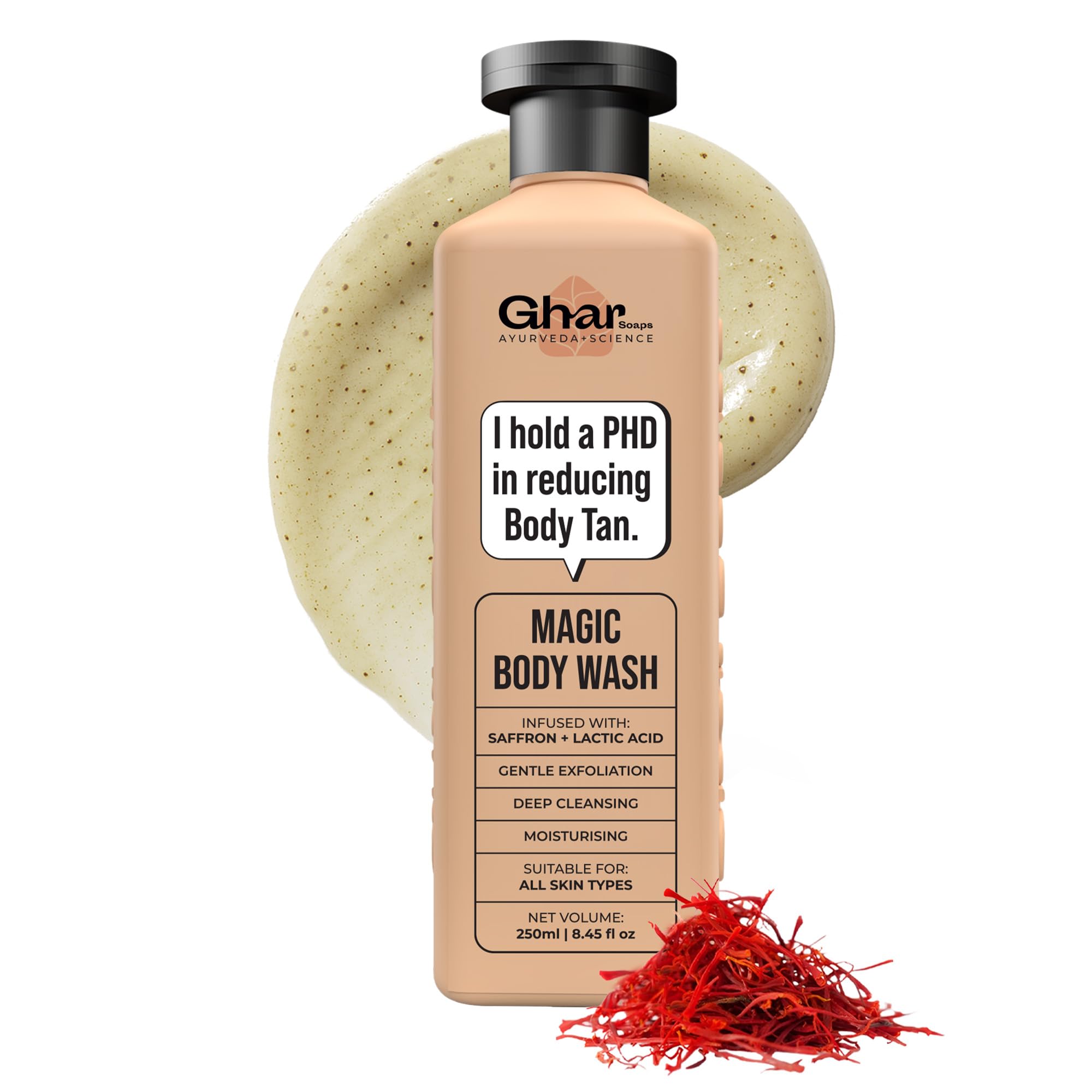 Ghar Soaps Magic De-Tan body wash for tan removal 250ml | Exfoliating Body Wash with Saffron, Lactic Acid & Niacinamide | Reduce Tan & Evens Skin Tone