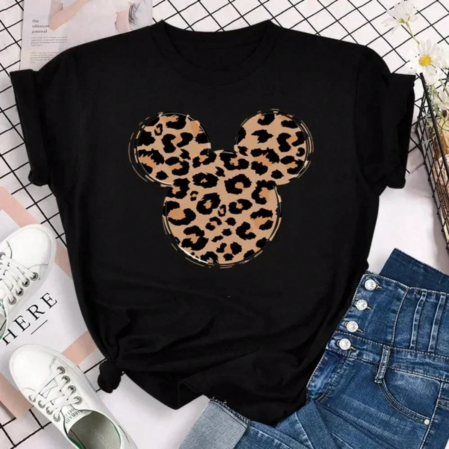 New T-Shirts For Wounisex Fashion Heart  Print T Shirt Streetwear Clothes Kawaii Mouse T Shirt Female Tops S разноцветный