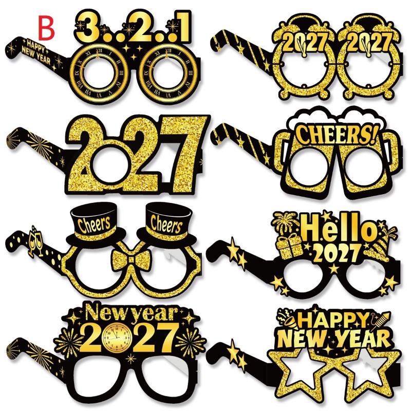 8 Pcs 2027 Happy New Year Party Paper Glasses Black Gold Birthday Party Decoration Photo Prop
