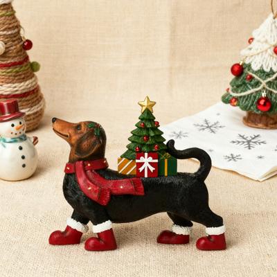 Décoration de Noël Teckel Lumineux Résine Ornement Teckel avec Écharpe Bottes Arbre Lumineux Mignonne Figurine Teckel pour Table de Fête