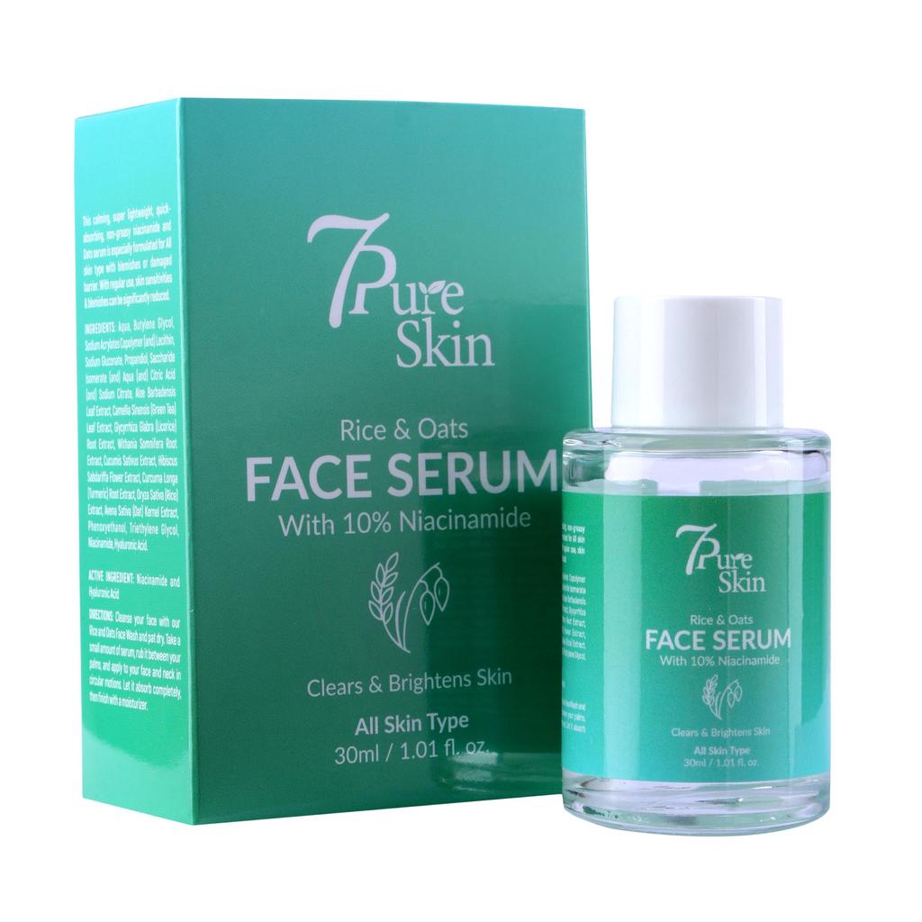 7Pure Skin Rice & Oats Face Serum with 10% Niacinamide, Hyaluronic Acid, Aloe Vera, Green Tea, Licorice Extract, Lightweight, Non-Greasy, 30ml