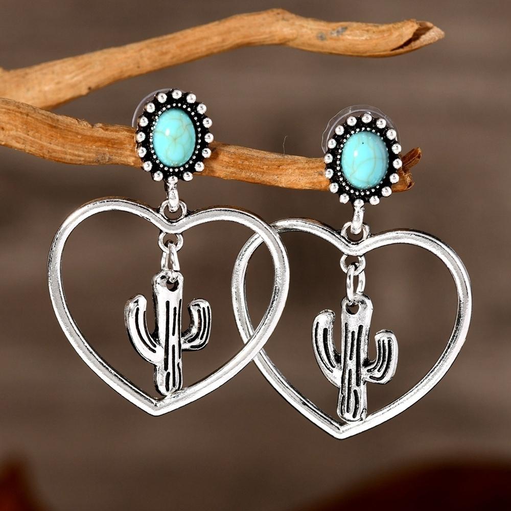 Western Imitation Turquoise Jewelry Bohemian Vintage Ethnic Style Blue Resin Cactus Earrings For Women Vacation Accessories