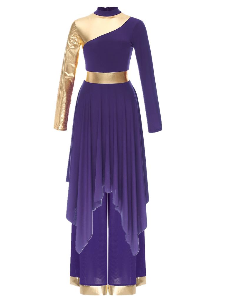 S-XXL Womens Worship Praise Dance Costume Long Sleeve Asymmetrical Hem Dress and Wide Leg Pants Contrast Color Dancewear Outfits