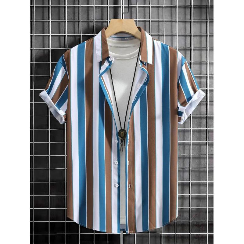 Summer new men's top striped D print men's cardigan lapel