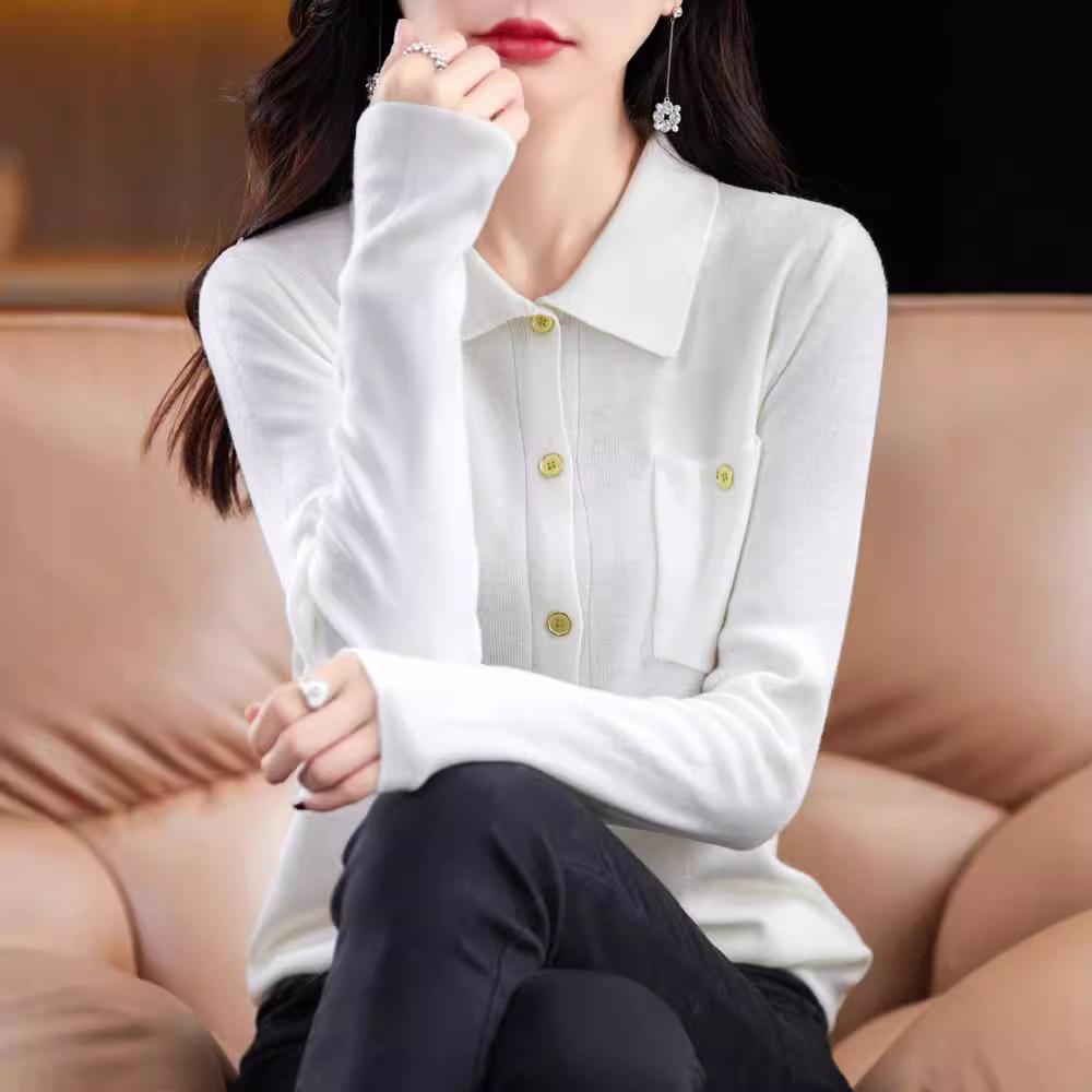 Langarm-POLO-Shirt Damenpullover Herbst Revers Gerade Strickoberteil