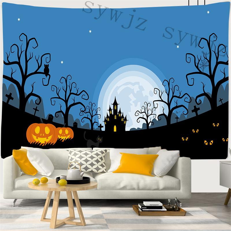 Home Decoration Tapestry Halloween Pumpkin Lantern Wall Hanging Magic Castle Spooky Holiday Party Background