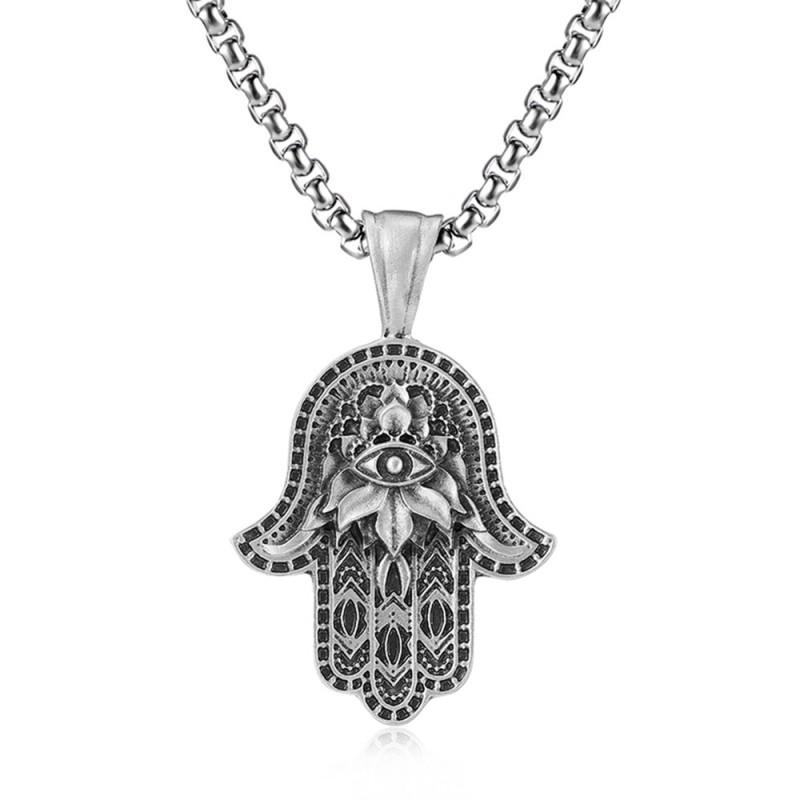 Mens Hand Of Fatima Hamsa Pendant Necklace Stainless Steel Box Chain Geometric Charm Halloween Party Daily Wear