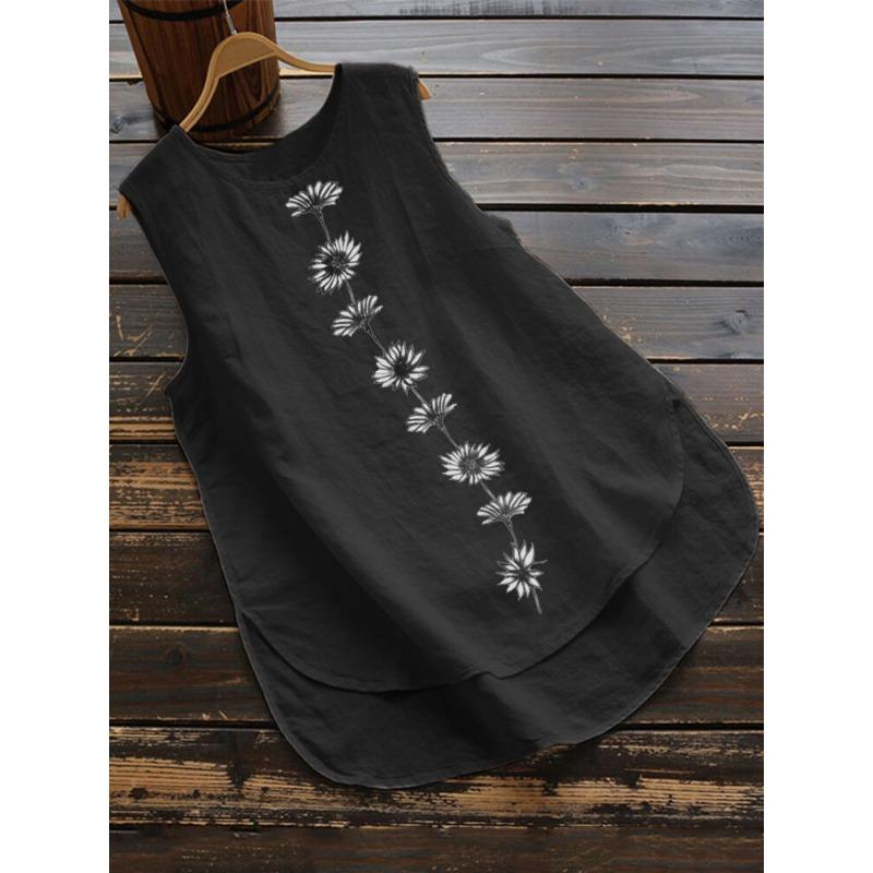 Summer Daisy Print Top Sleeveless Round Neck Casual Vest for Women's Cotton and Linen Blouses & Shirts