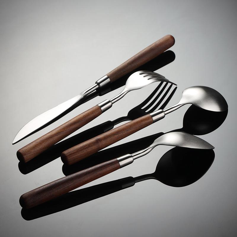 304 stainless steel walnut handle knife, fork, spoon, western tableware, lathe hardware, matte hand-thrown round spoon gift