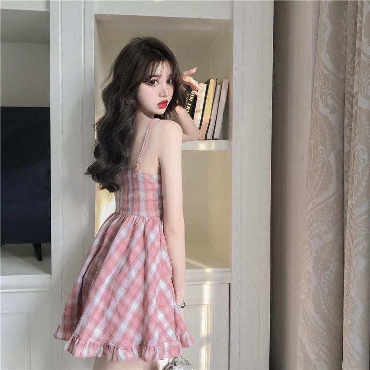 New summer sweet pink plaid suspender dress women's summer small fresh student skirt Korean version girl