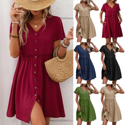 Summer Women's Pure Color Button Dress Street Style Midi V-neck Short Sleeve Comfortable Casual Polyester Dress