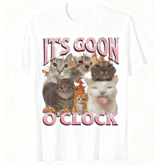It's Goon O'Clock_ Laughing Cat Meme T-Shirt Round Neck Short Sleeve Humorous  Womens Tshirt _ Bold Text Style