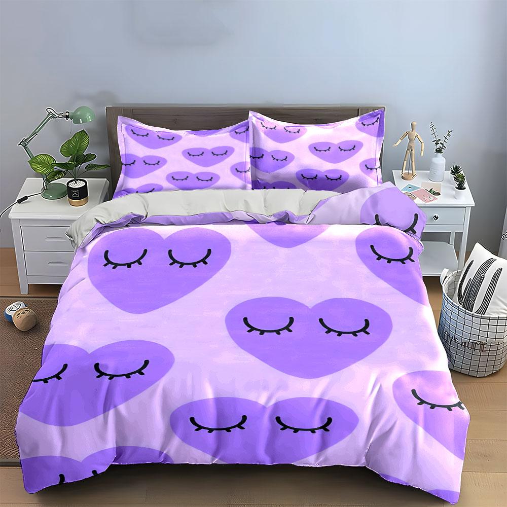 Sleeping Heart With Eyelash Duvet Cover Set, Light Purple Kawaii Girly Bedding Includes 1 Duvet Cover And 2 Pillowcase, Gift