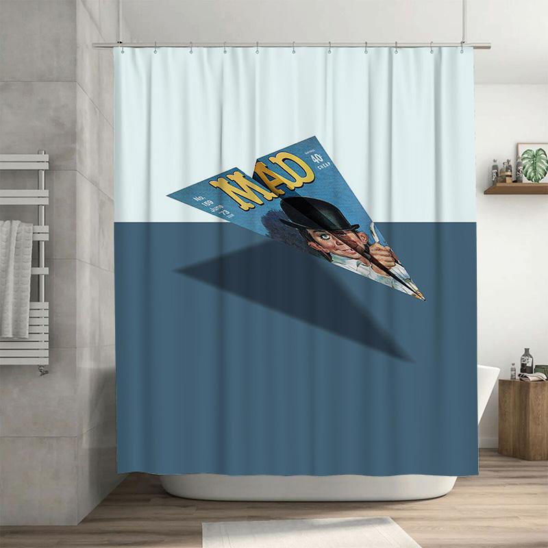 

Vintage Mad Magazine Bath Shower Curtain With Cartoon Man Illustration Blue White Watercolor Design For Bathroom Decor W60H190(CM)-1 Pcs