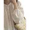 Spring/Summer 2026 Artistic Loose-Fit Plus Size Women's Linen Shirt with Pleated Stand Collar and Long Sleeves