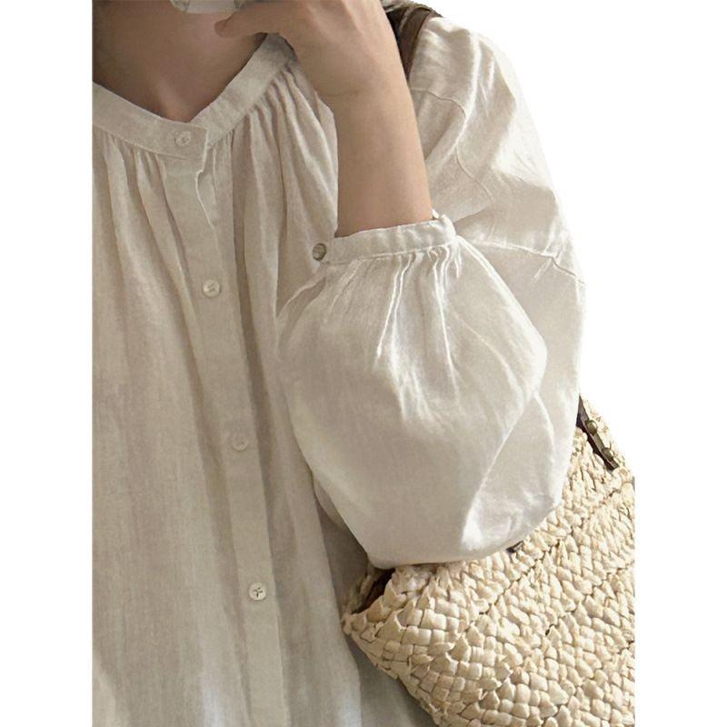 Spring/Summer 2026 Artistic Loose-Fit Plus Size Women's Linen Shirt with Pleated Stand Collar and Long Sleeves